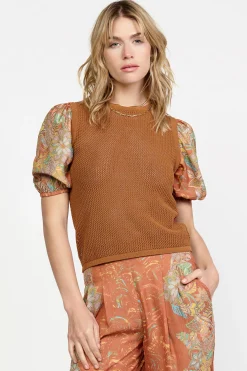 Current Air Contrast Sleeve Retro Knit Top BROWN Discount