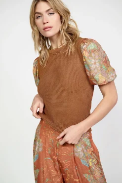 Current Air Contrast Sleeve Retro Knit Top BROWN Discount