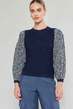 Current Air Contrast Sleeve Sweater Top NAVY Outlet