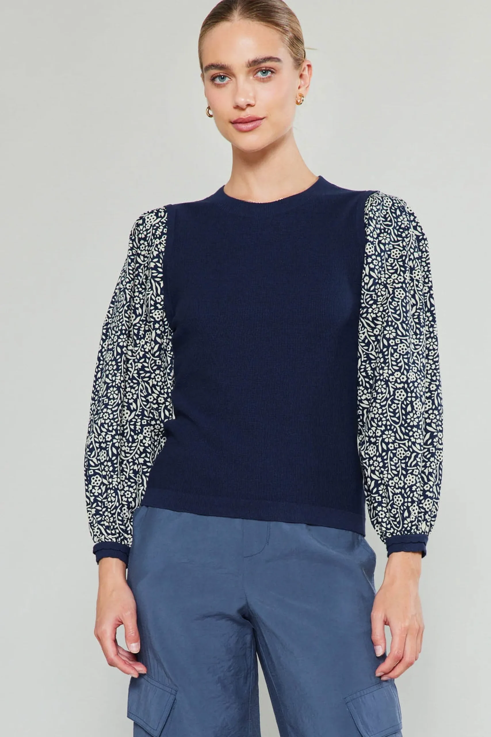 Current Air Contrast Sleeve Sweater Top NAVY Outlet