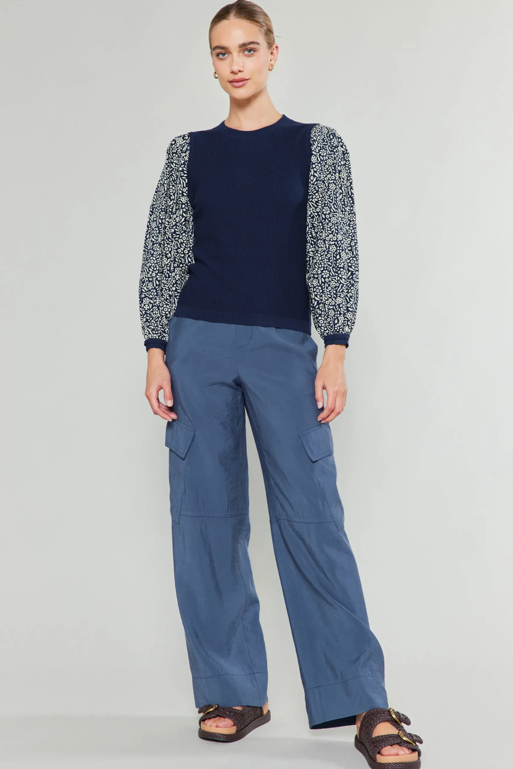 Current Air Contrast Sleeve Sweater Top NAVY Outlet