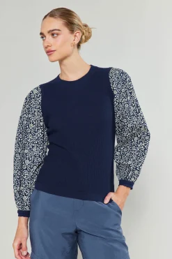 Current Air Contrast Sleeve Sweater Top NAVY Outlet