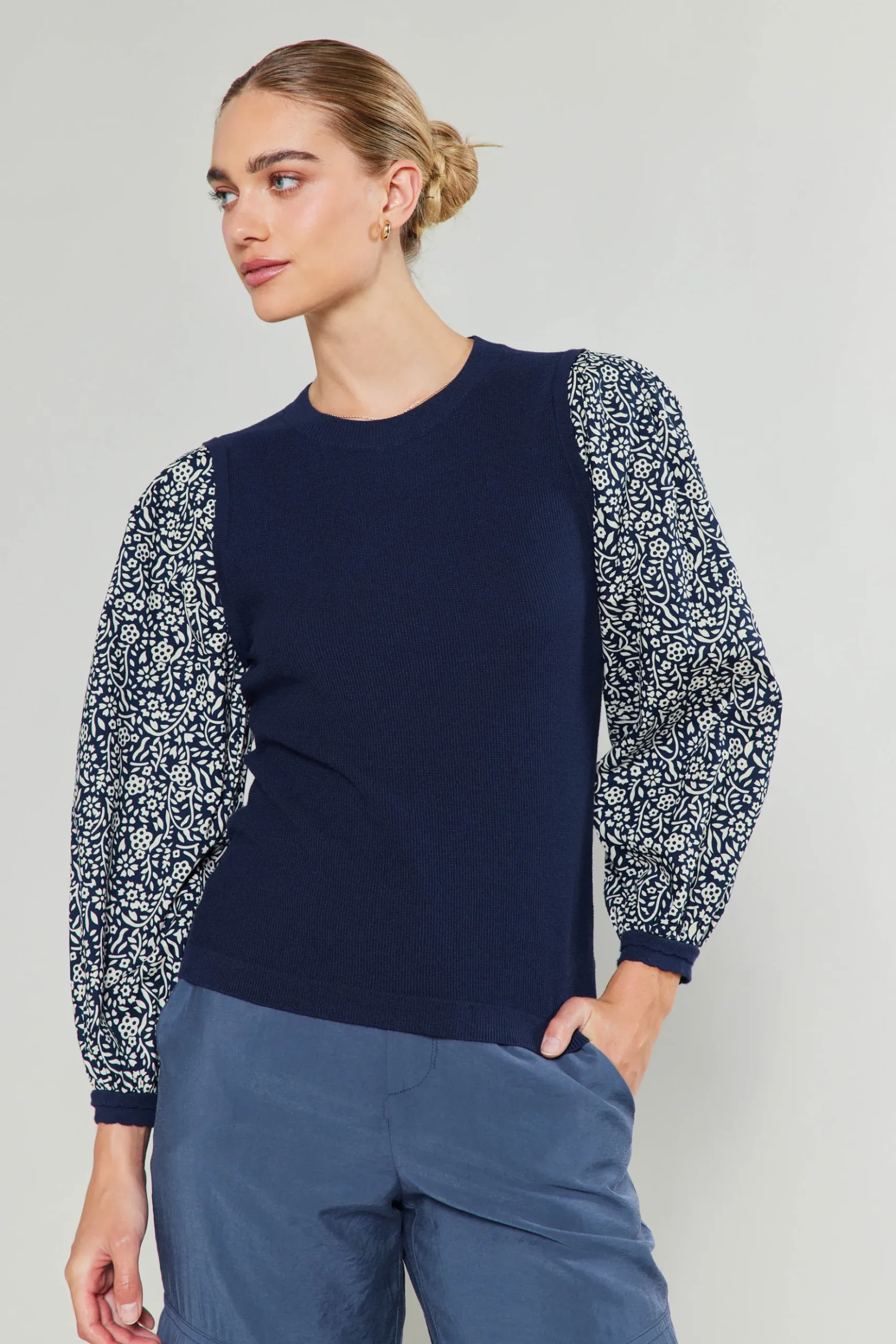 Current Air Contrast Sleeve Sweater Top NAVY Outlet