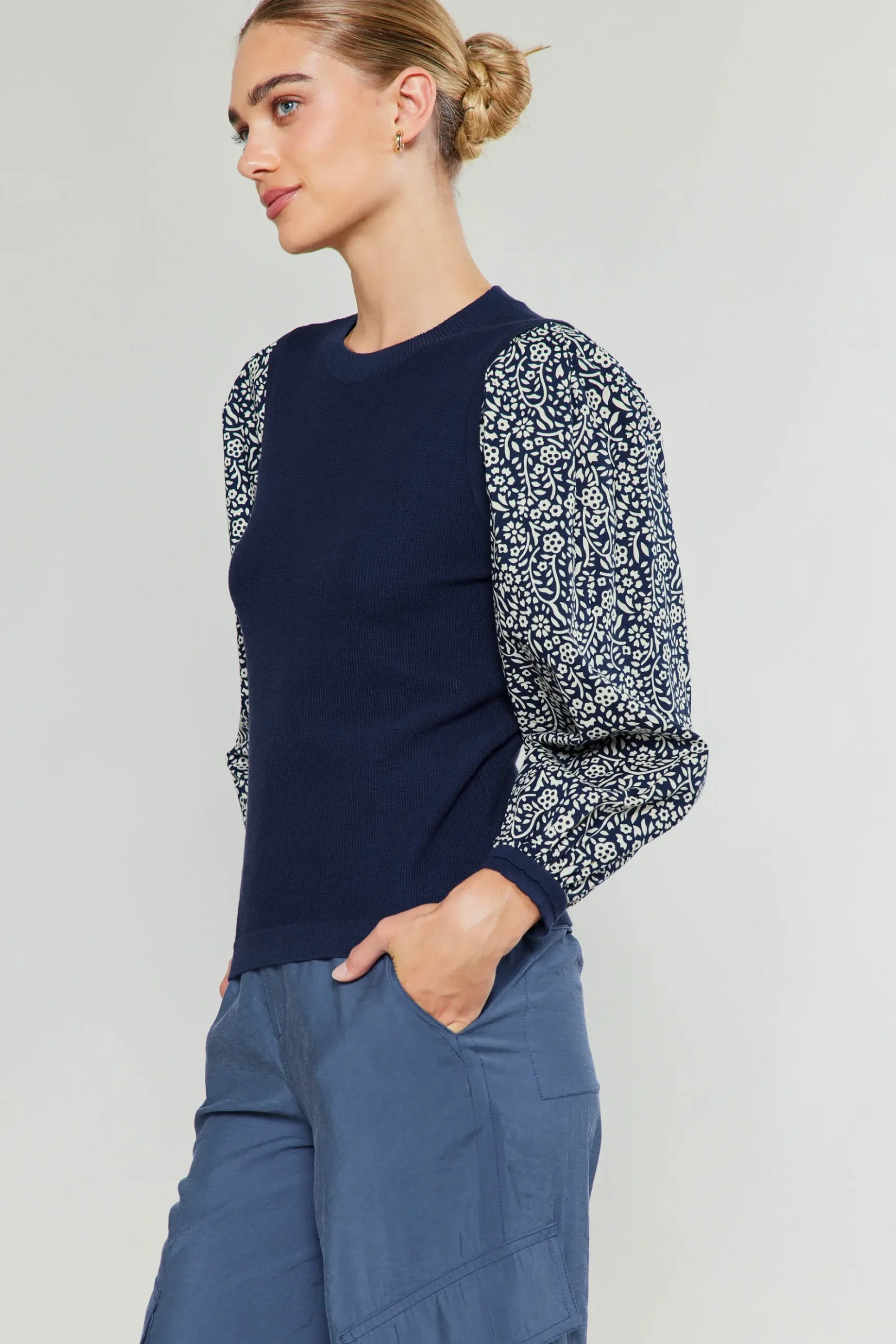 Current Air Contrast Sleeve Sweater Top NAVY Outlet