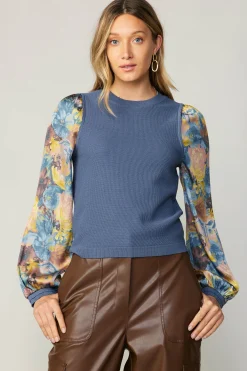 Current Air Contrast Sleeve Sweater Top AEGEANBLUE Clearance
