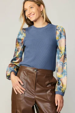 Current Air Contrast Sleeve Sweater Top AEGEANBLUE Clearance
