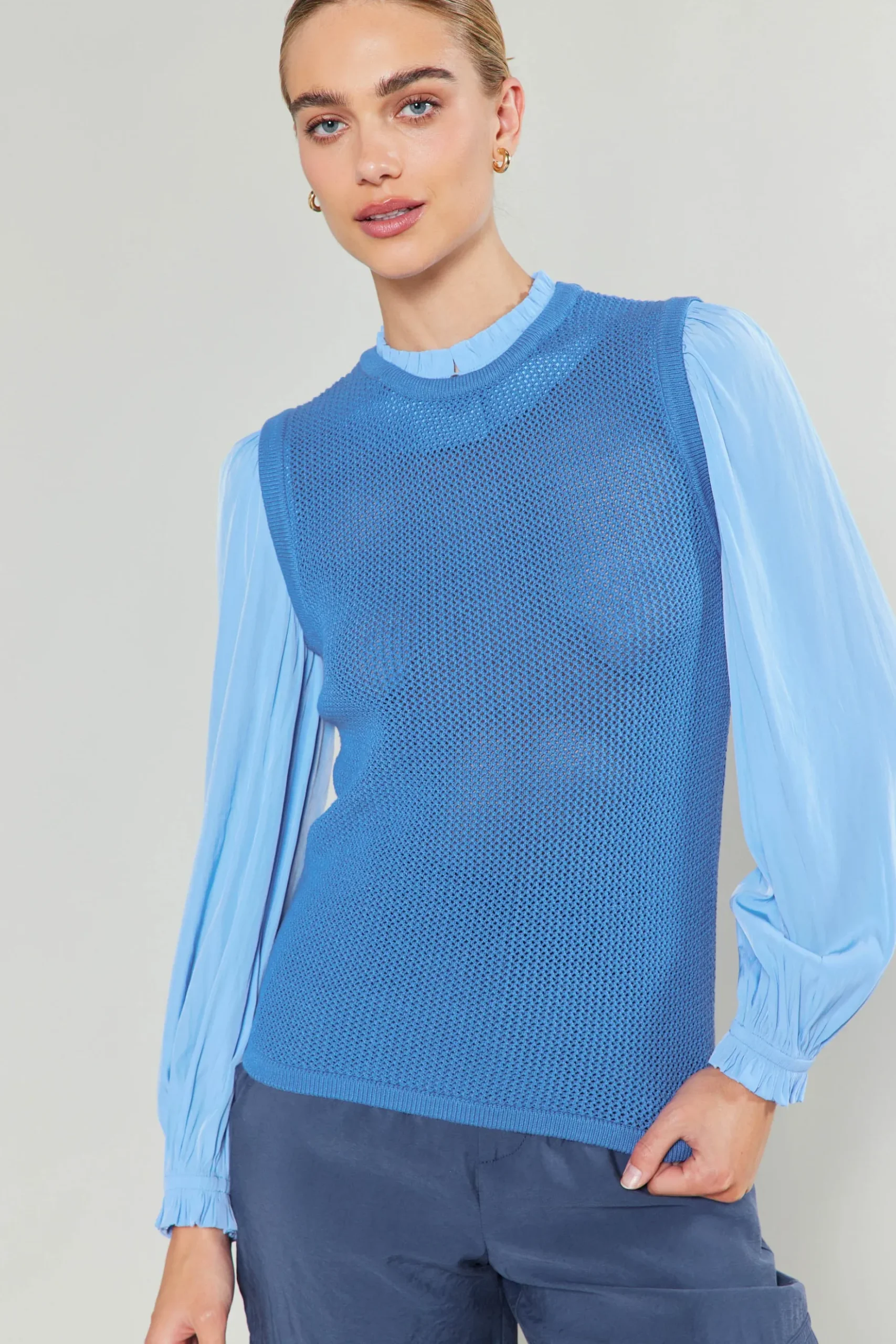 Current Air Contrast Sleeve Sweater Top AEROBLUE Sale