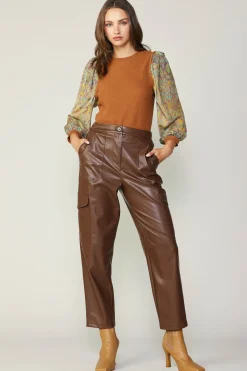 Current Air Contrast Sleeve Sweater Top CAMELGREEN New