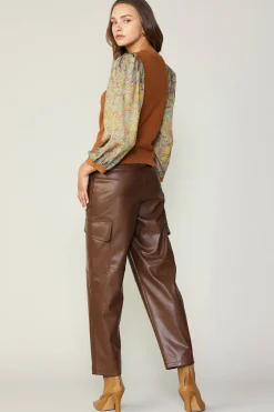 Current Air Contrast Sleeve Sweater Top CAMELGREEN New