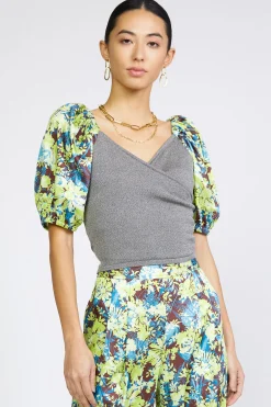 Current Air Contrast Sleeve Sweetheart Top GREY Best