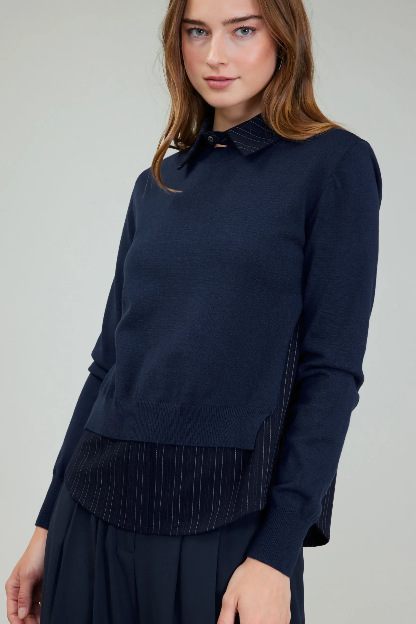 Current Air Corduroy Knit & Woven Top NAVY Hot