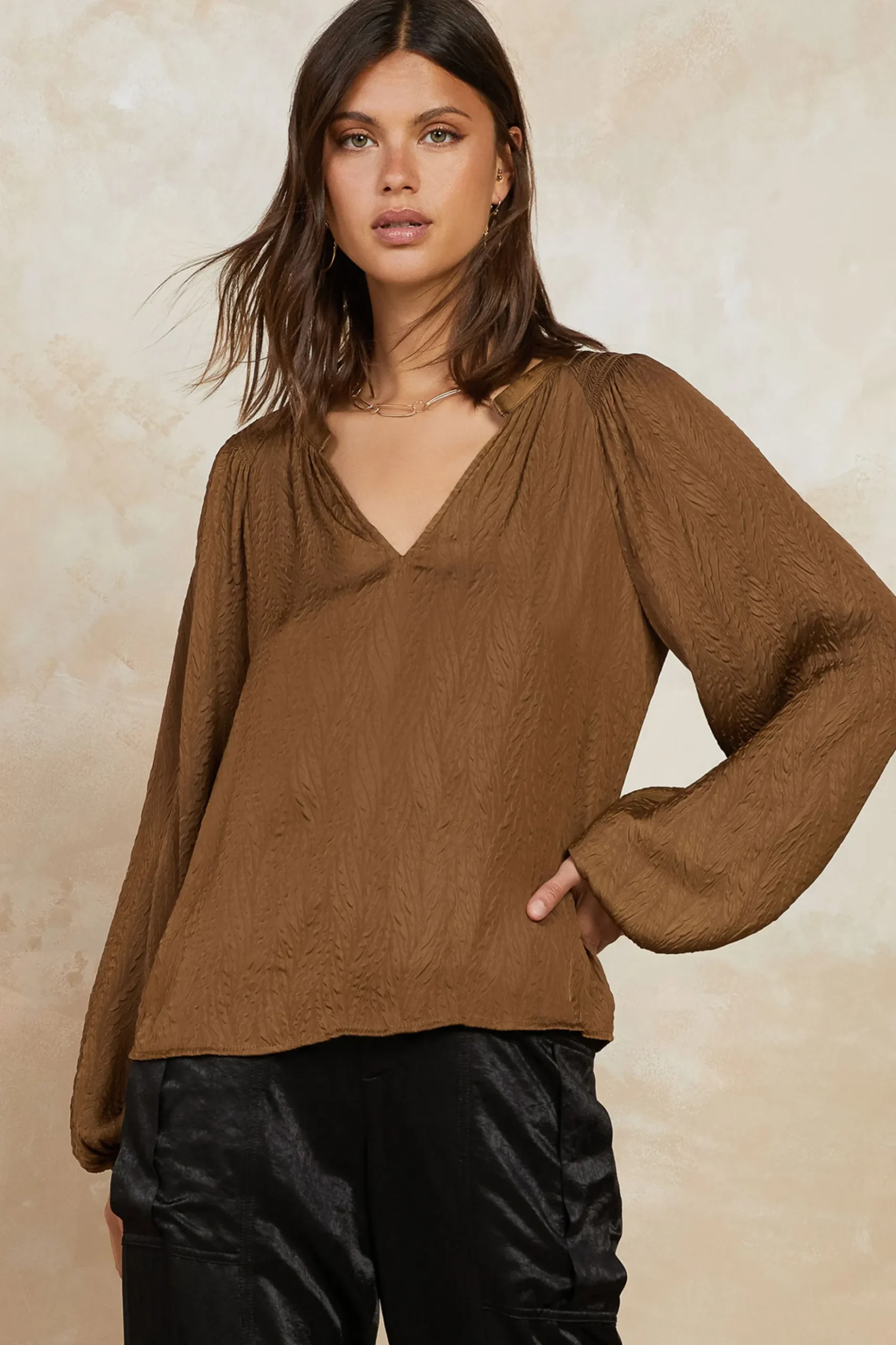 Current Air Crinkle Texture Blouse BROWN Fashion