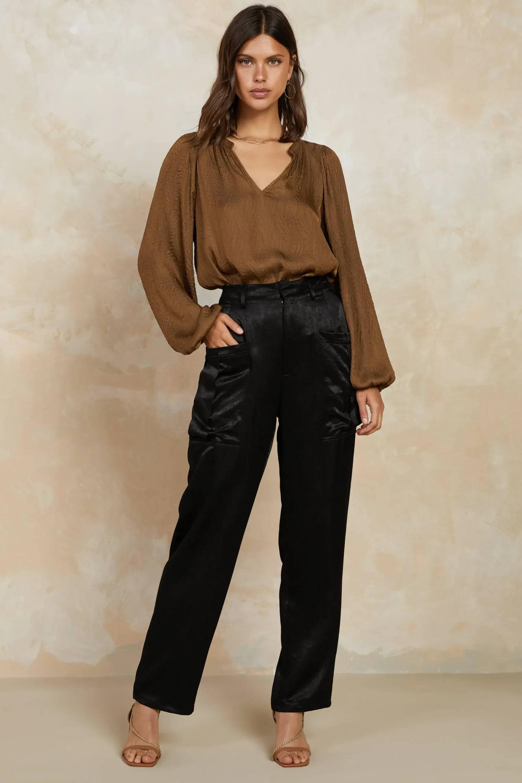 Current Air Crinkle Texture Blouse BROWN Fashion