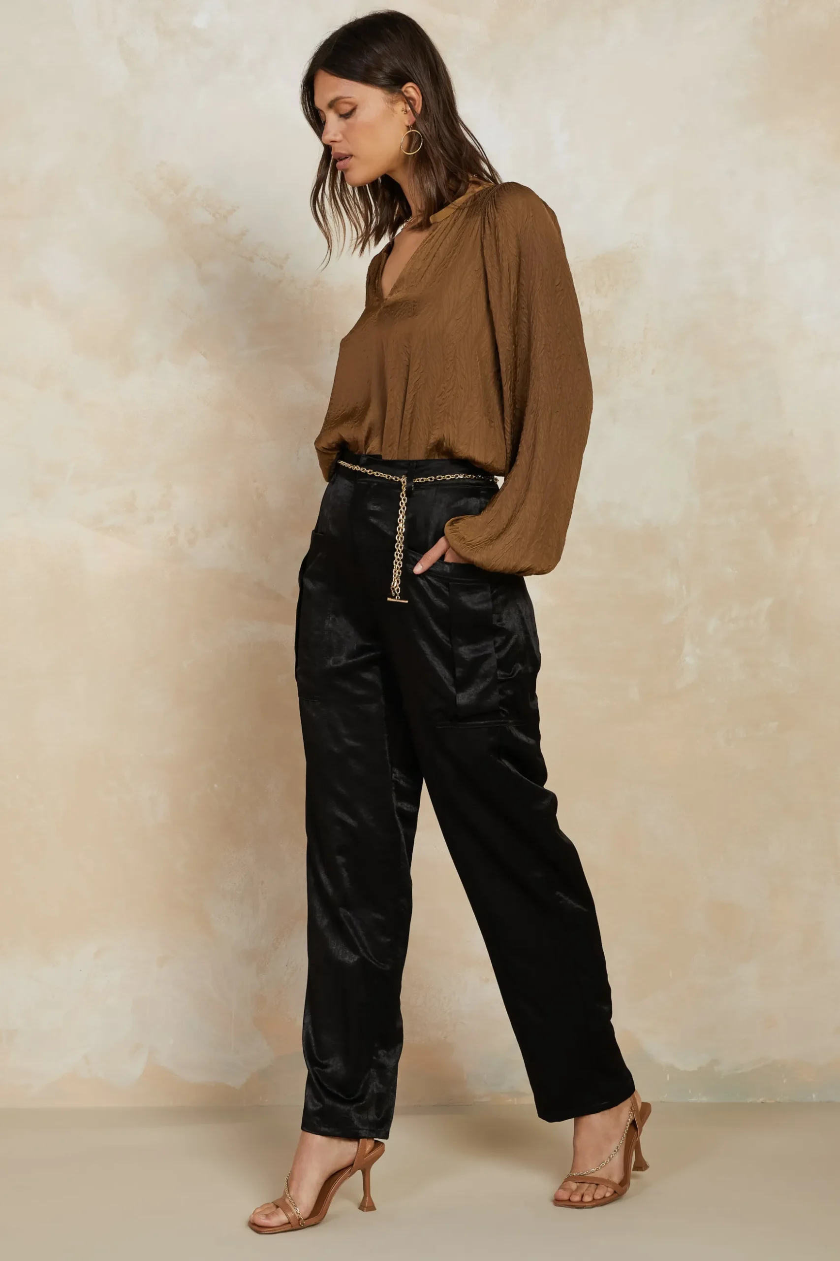 Current Air Crinkle Texture Blouse BROWN Fashion