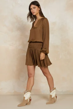 Current Air Crinkle Texture Smocked Mini Dress BROWN Outlet