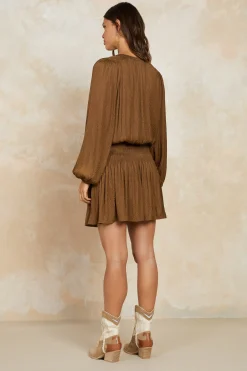 Current Air Crinkle Texture Smocked Mini Dress BROWN Outlet