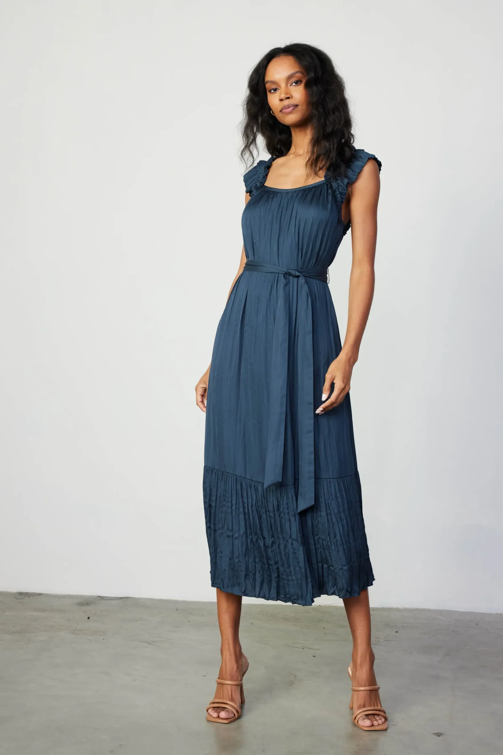 Current Air Crinkled Ruffled Shoulder Midi Dress NAVY Discount