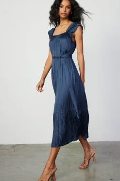 Current Air Crinkled Ruffled Shoulder Midi Dress NAVY Discount