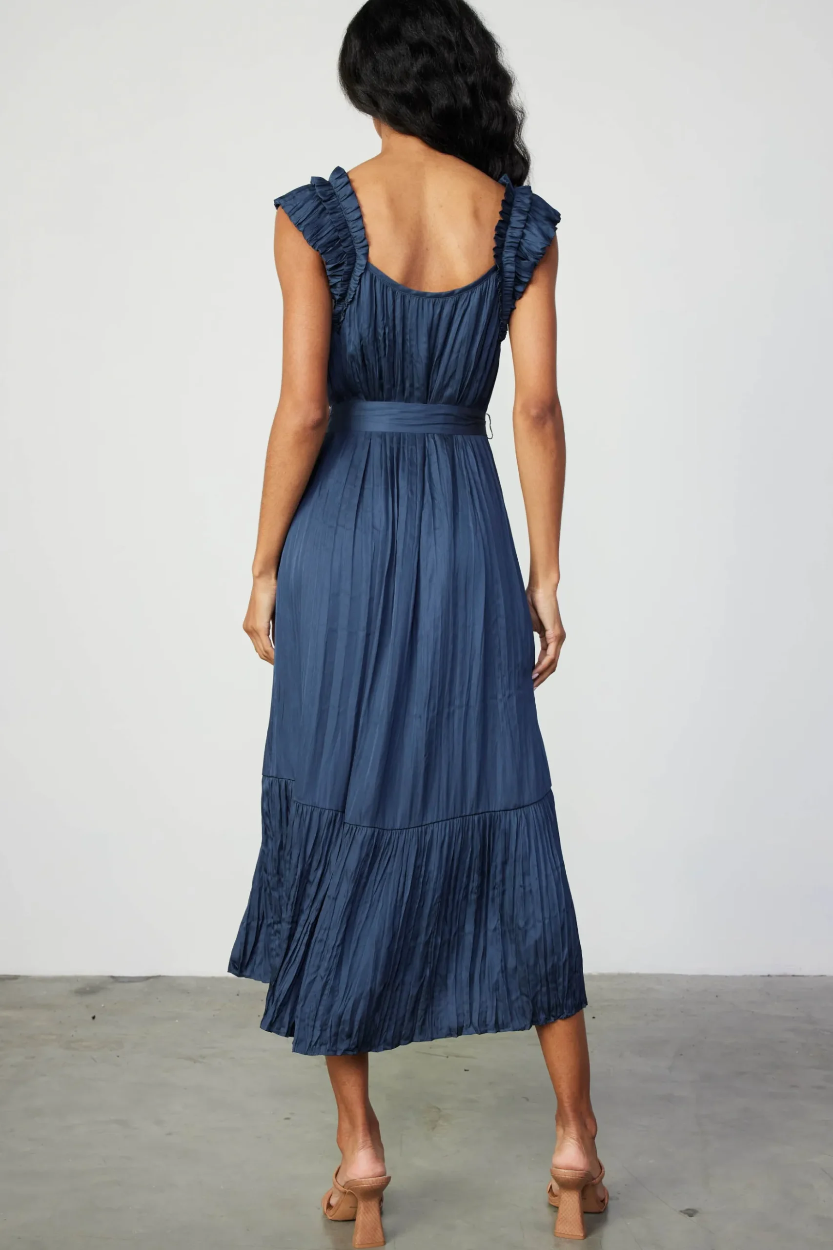 Current Air Crinkled Ruffled Shoulder Midi Dress NAVY Discount