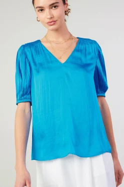 Current Air Cuffed Pleated Yoke top BLUE Discount