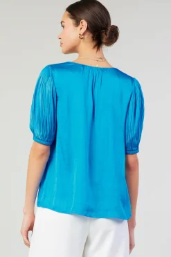 Current Air Cuffed Pleated Yoke top BLUE Discount