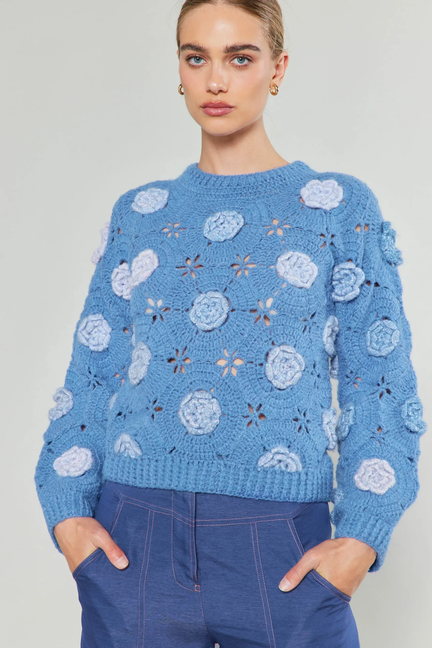Current Air 3D Floral Crochet Sweater BLUEMLT Online