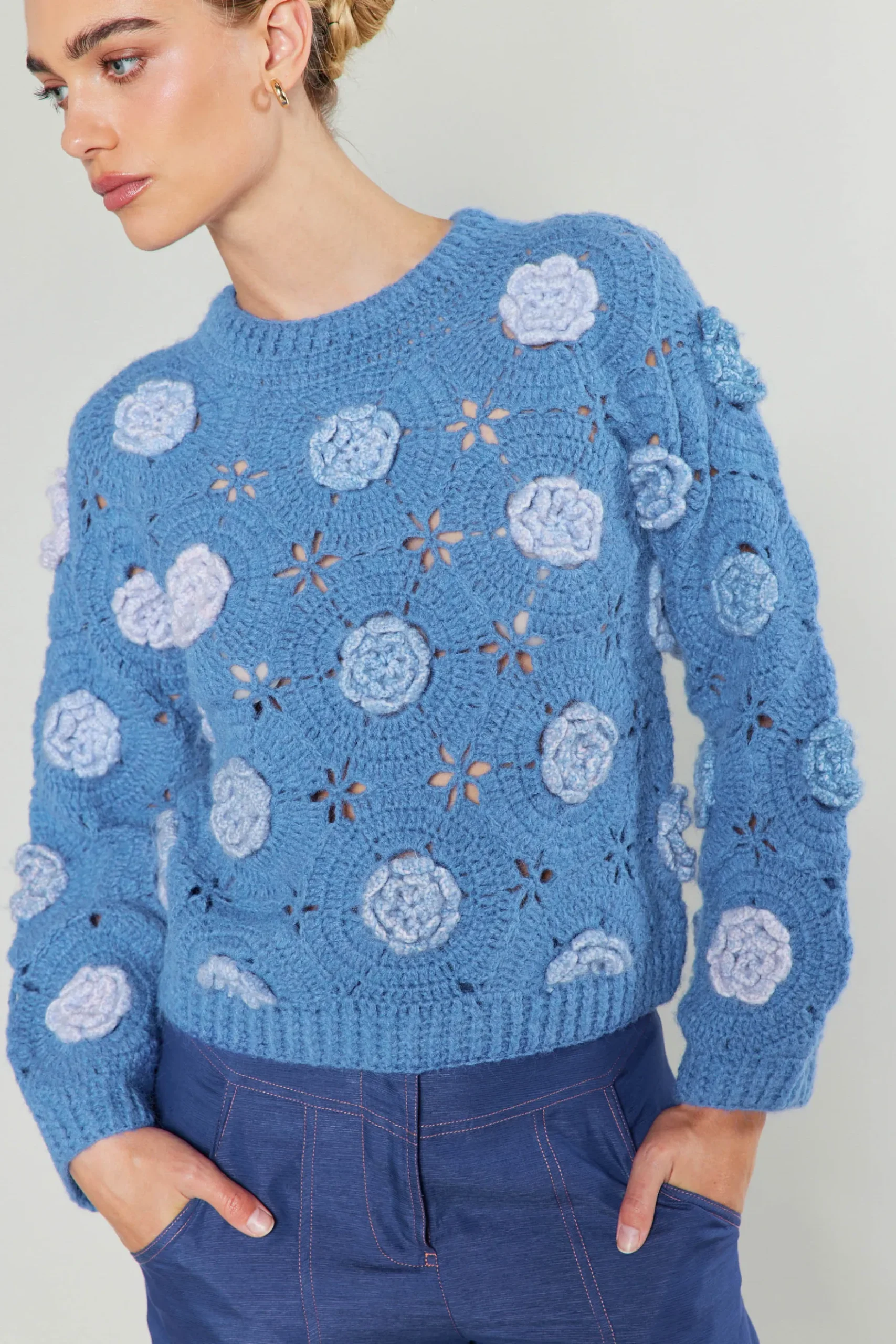Current Air 3D Floral Crochet Sweater BLUEMLT Online