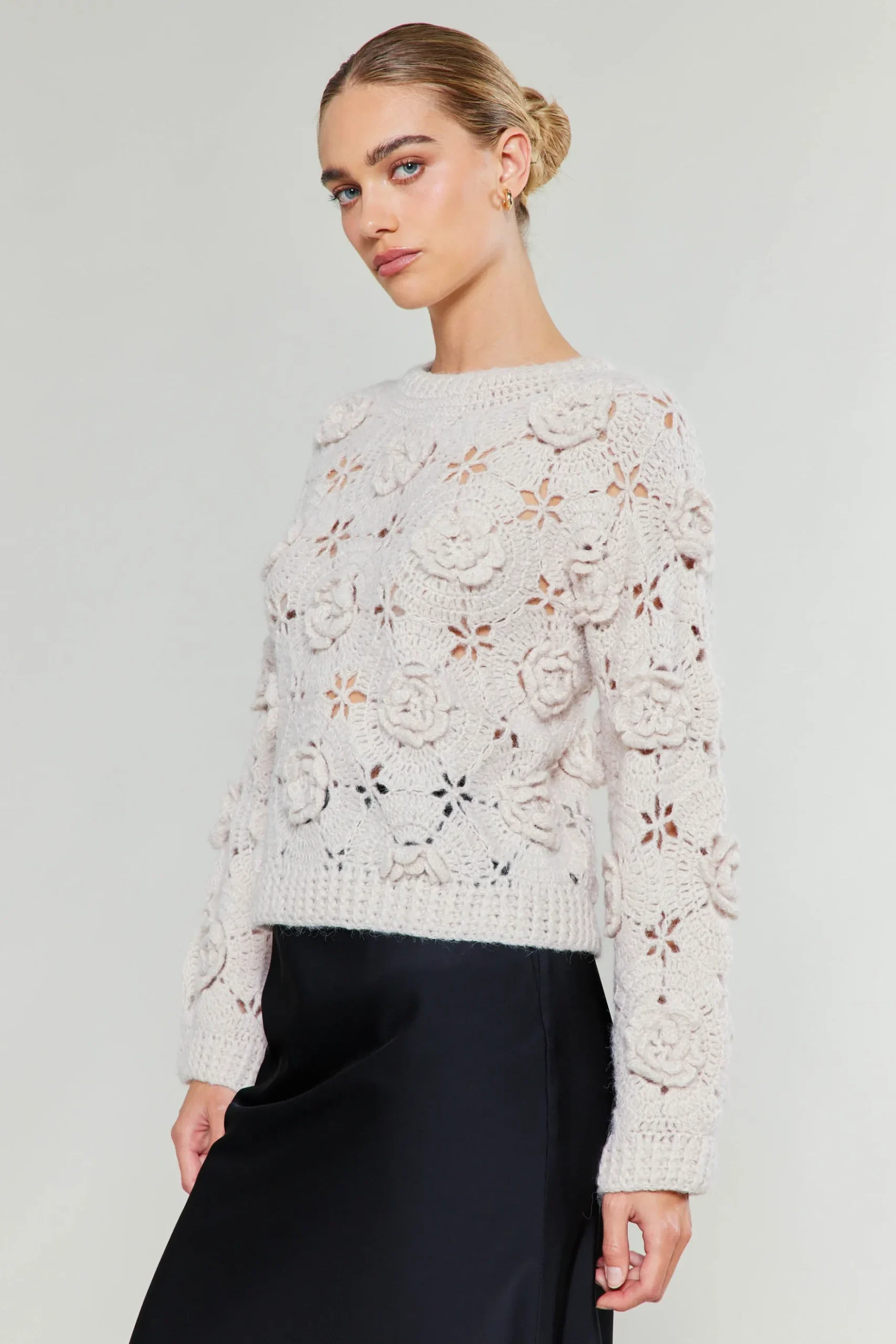 Current Air 3D Floral Crochet Sweater IVORY Outlet