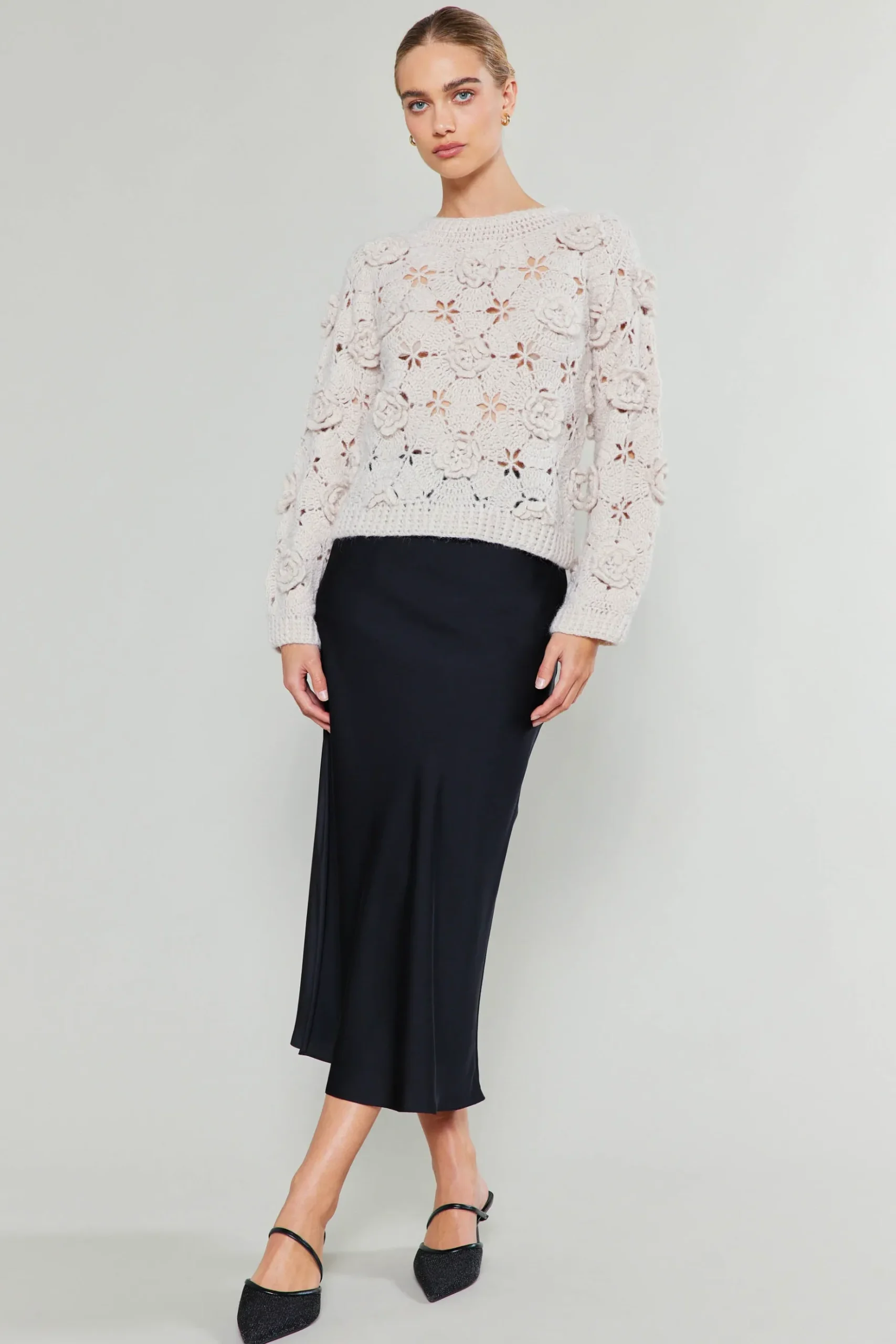 Current Air 3D Floral Crochet Sweater IVORY Outlet