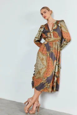 Current Air Emmaline Ruffled Midi Dress BROWNMLT Fashion