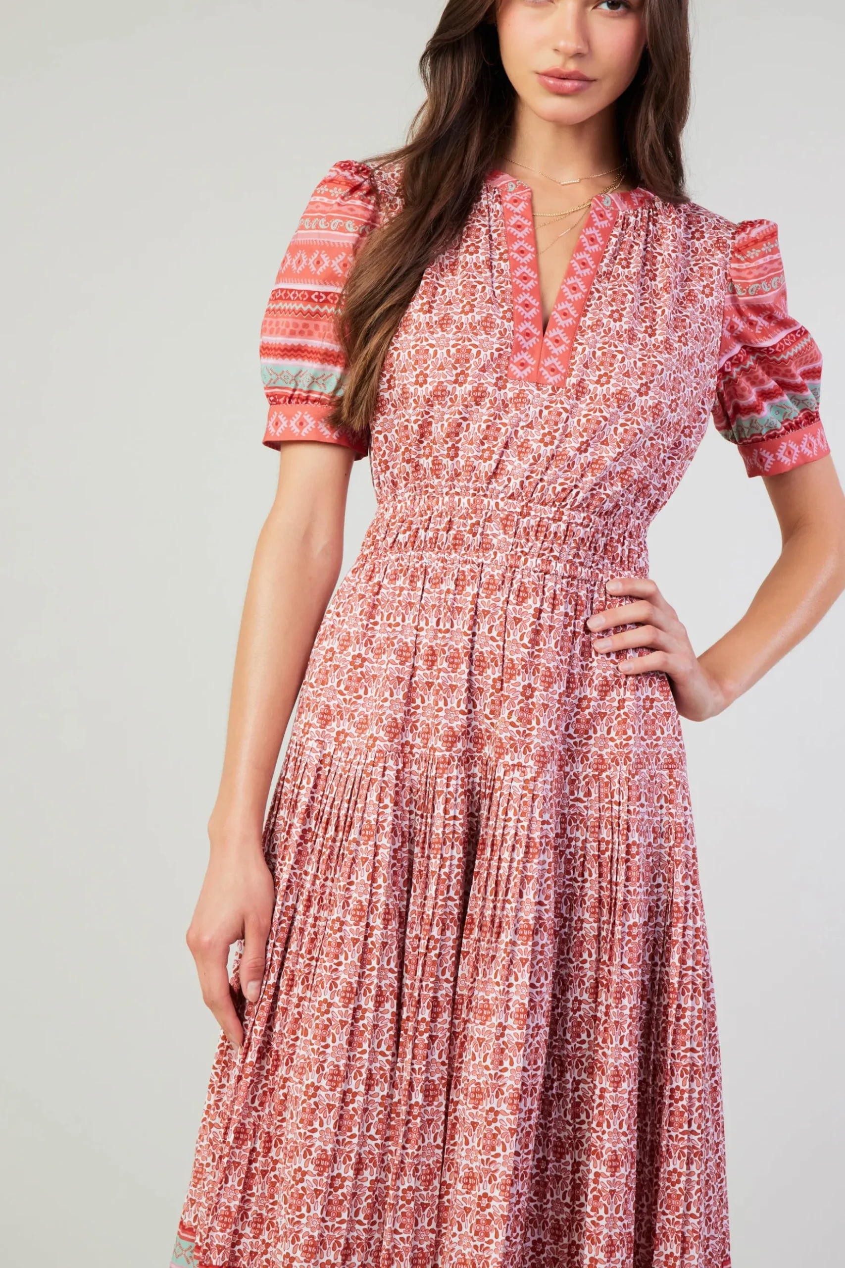 Current Air Floral Bohemian Midi Dress REDMLT New