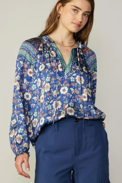 Current Air Floral Border Print Blouse NAVYFLORALMLT New