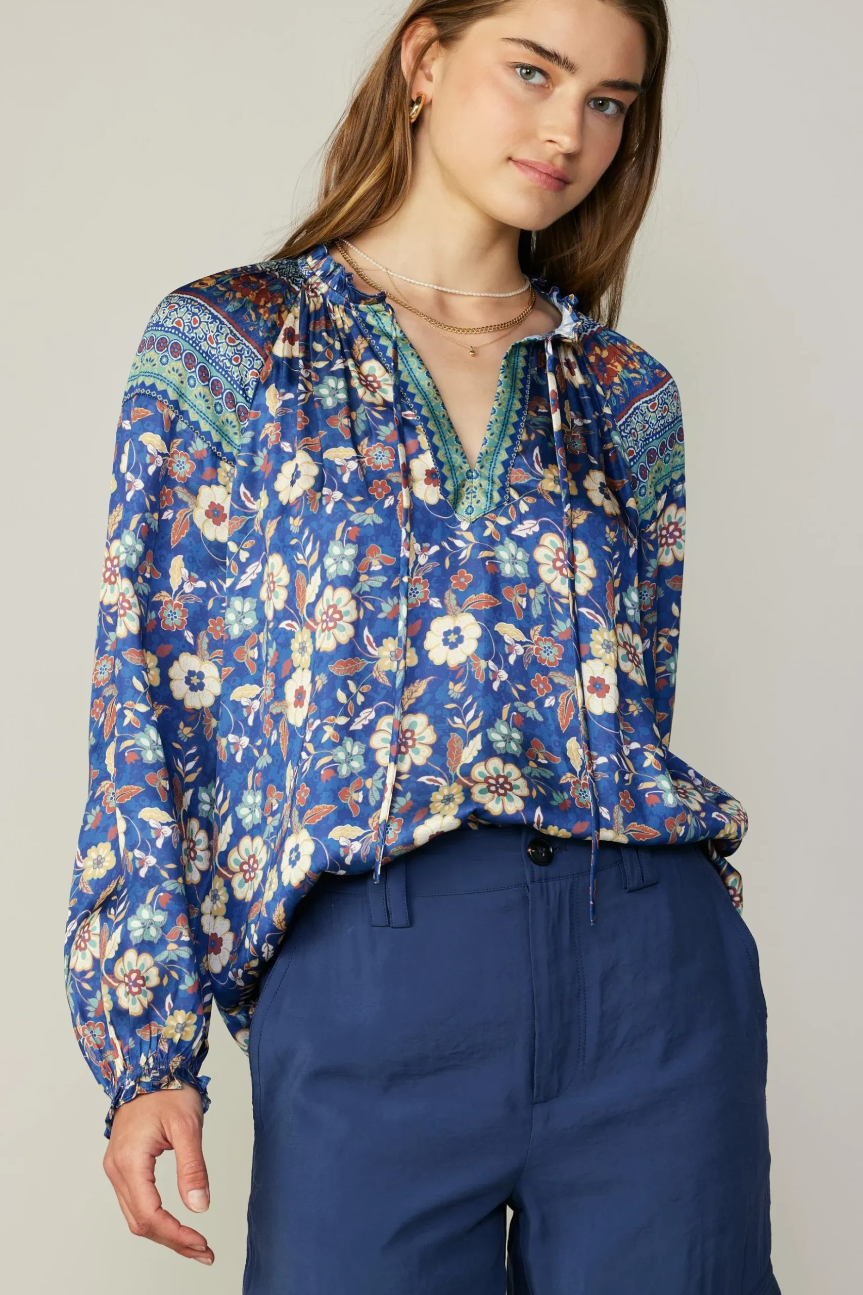 Current Air Floral Border Print Blouse NAVYFLORALMLT New