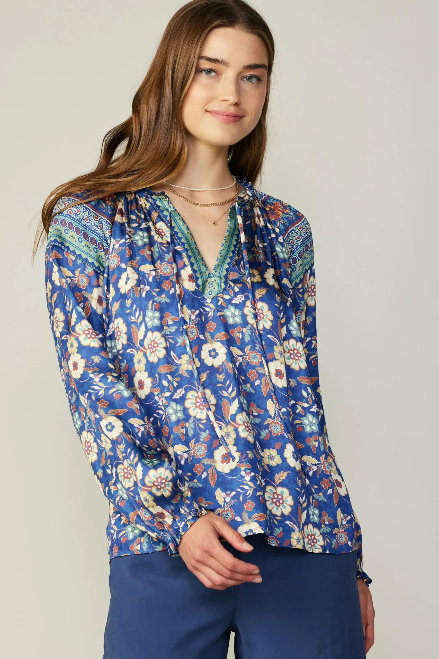 Current Air Floral Border Print Blouse NAVYFLORALMLT New