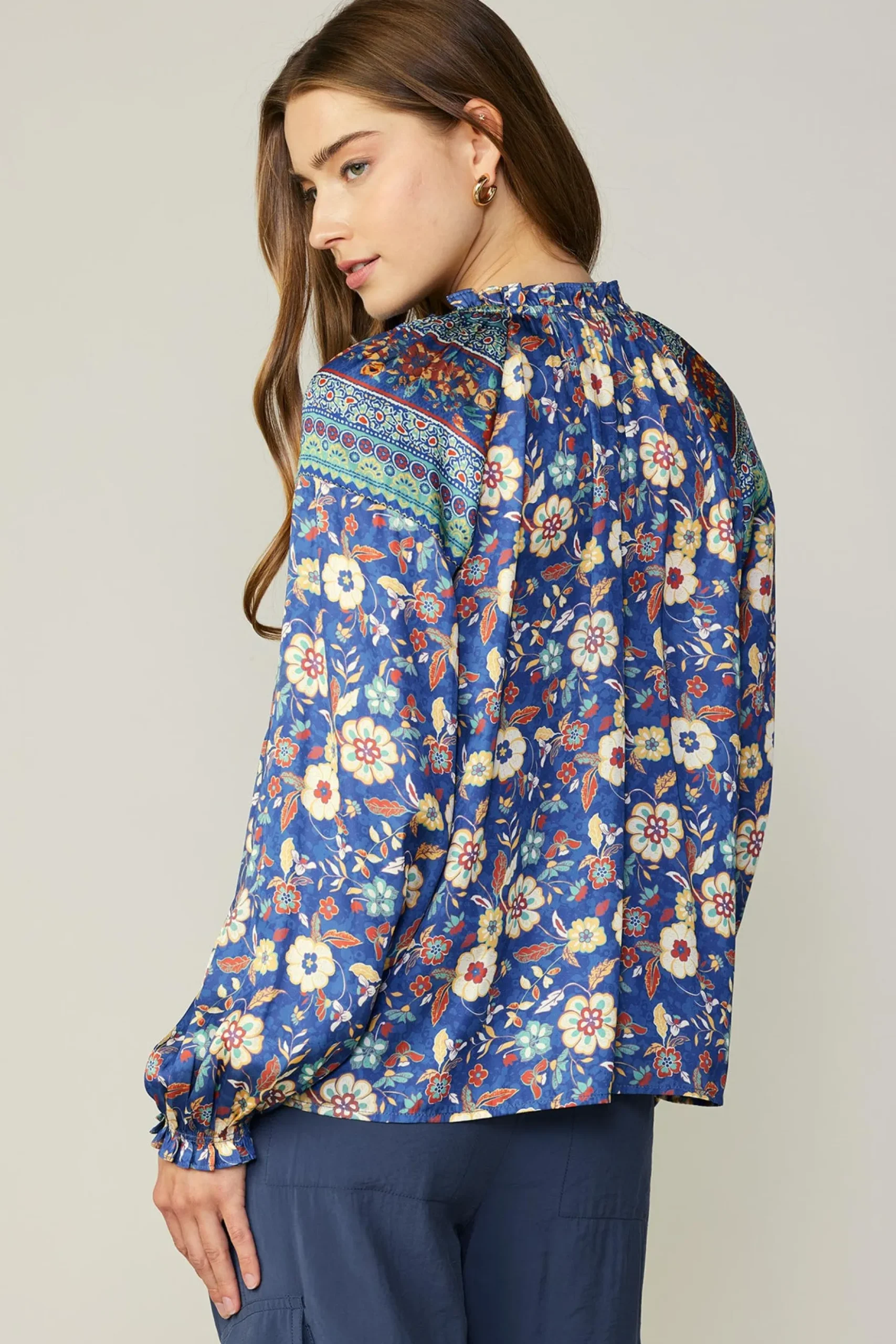 Current Air Floral Border Print Blouse NAVYFLORALMLT New