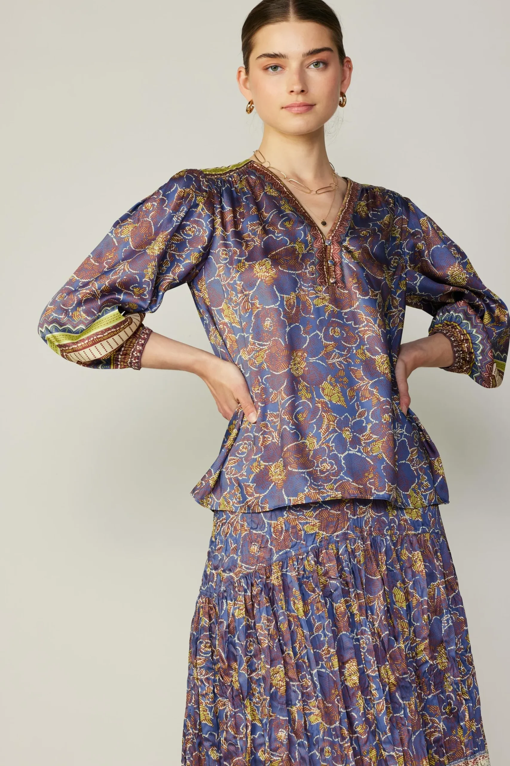Current Air Floral Border Print Top BLUEBROWNMLT Best
