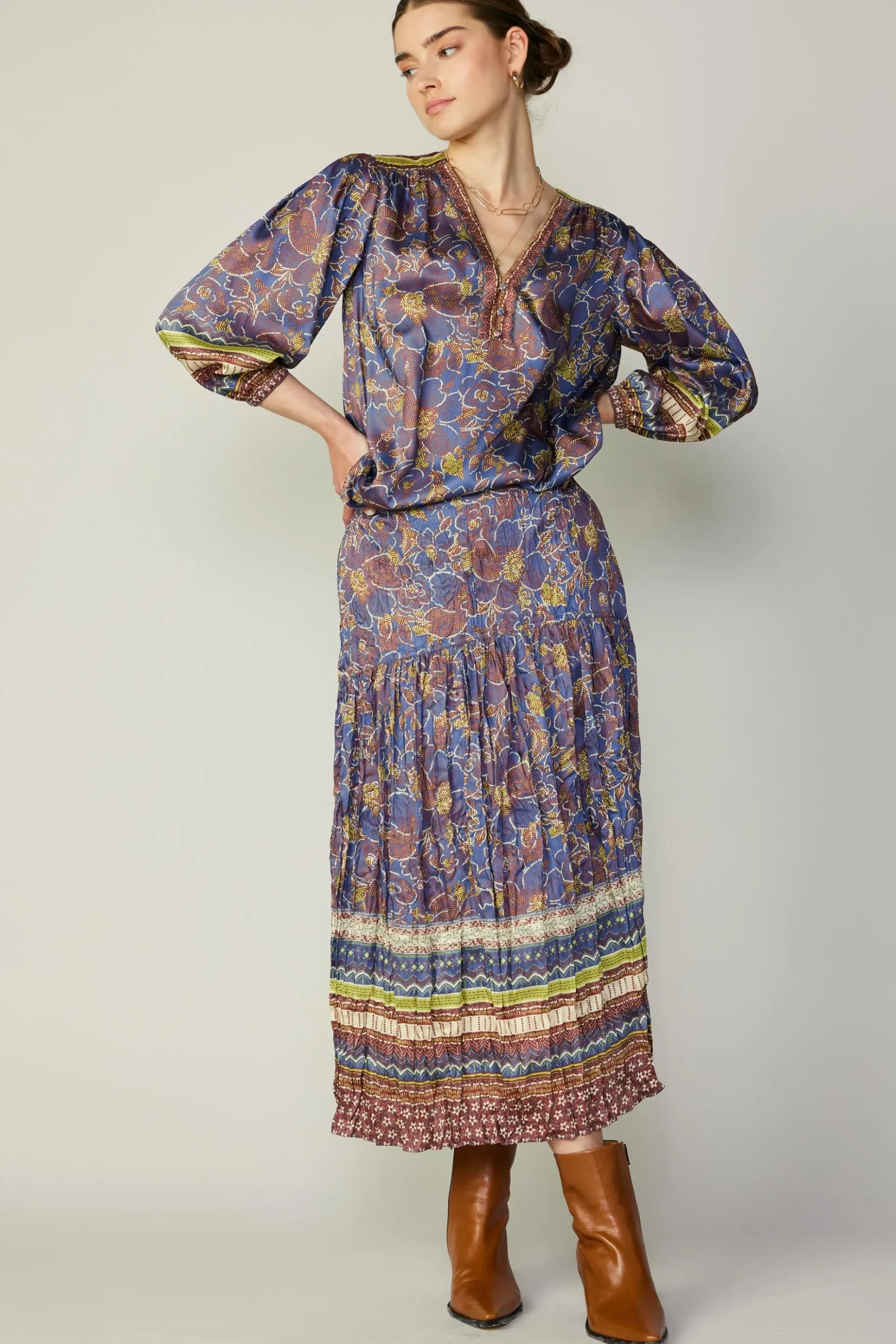Current Air Floral Border Print Top BLUEBROWNMLT Best