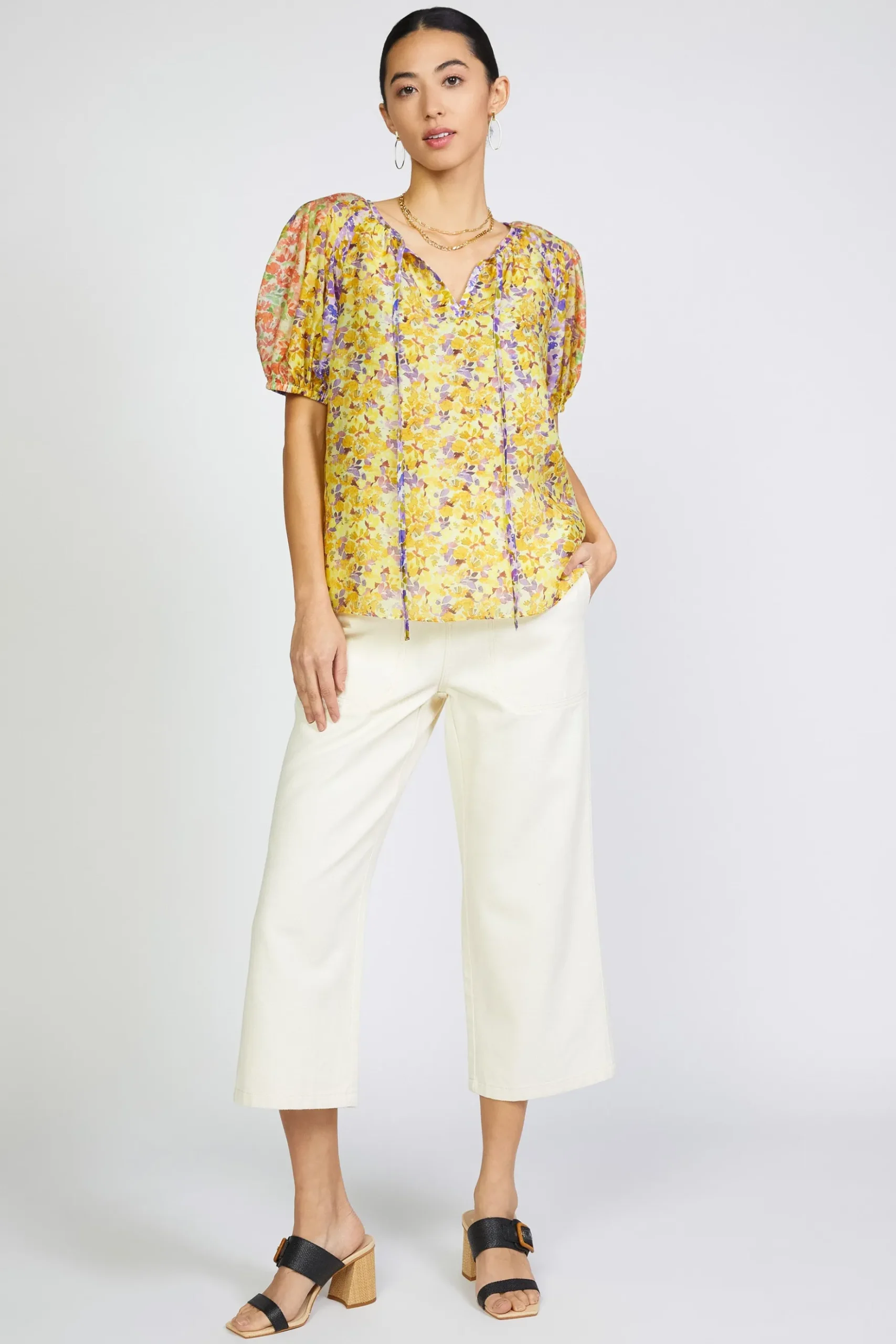 Current Air Floral Colorblock Split Neck Blouse MULTI Sale
