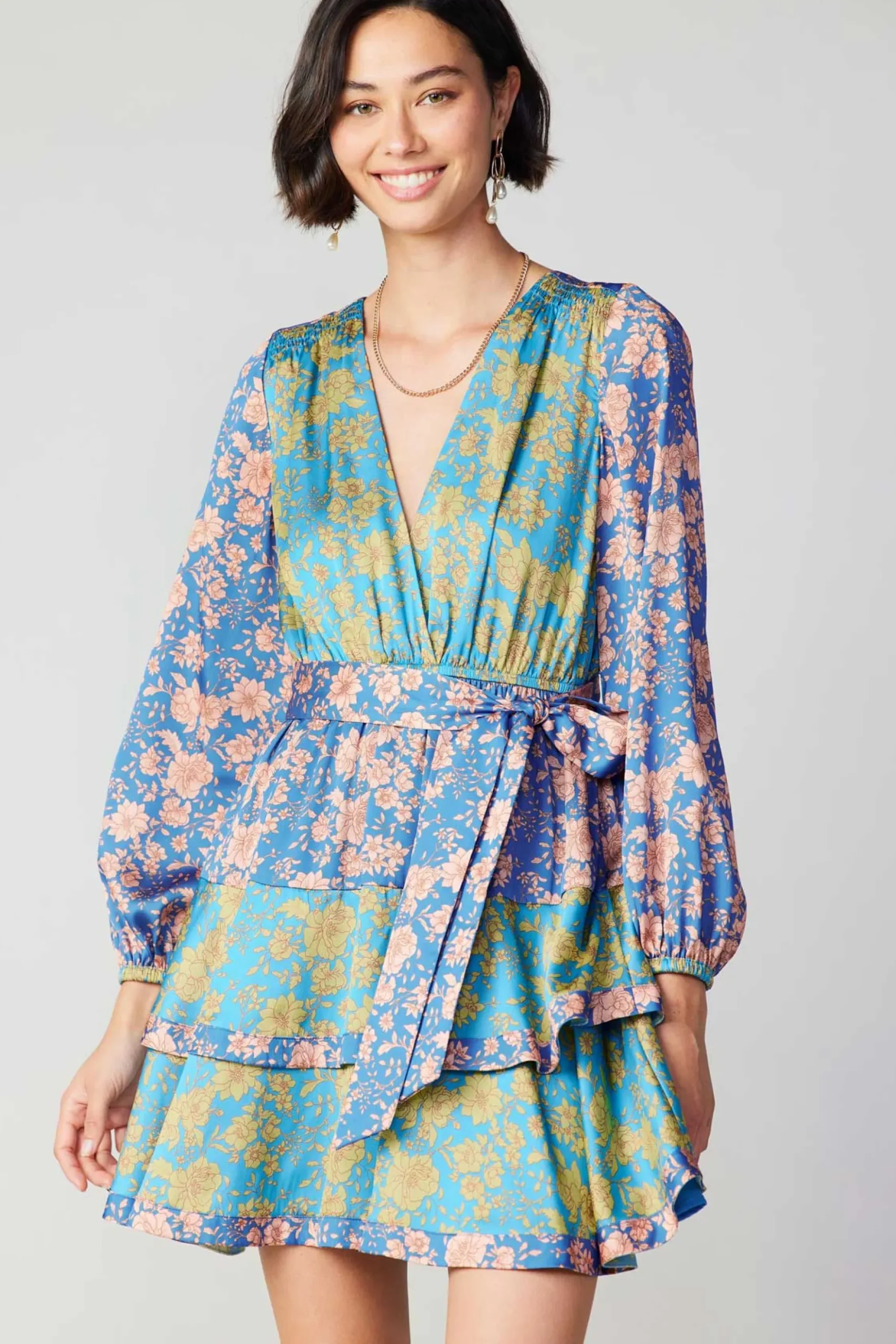 Current Air Floral Colorblock Surplice Mini Dress BLUEMULTIFLORAL Sale