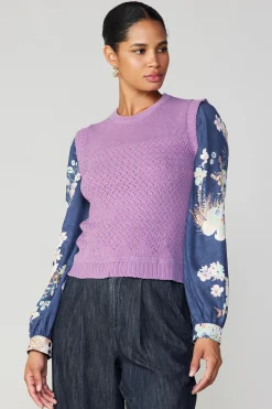 Current Air Floral Contrast Sleeve Sweater Top LILAC Fashion