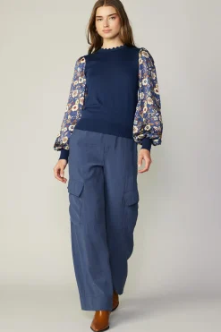 Current Air Floral Contrast Sweater Top NAVYFLORAL Clearance