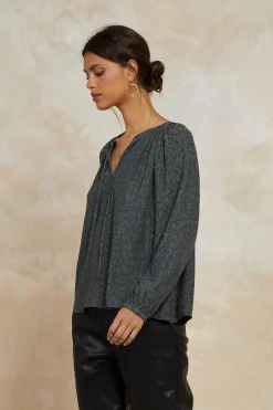 Current Air Floral Jacquard Split Neck Top DARKOLIVE Fashion