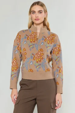 Current Air Floral Jacquard Zip Sweater TAUPEMULTI Best