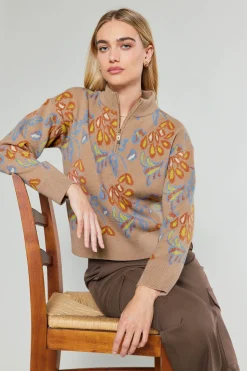 Current Air Floral Jacquard Zip Sweater TAUPEMULTI Best