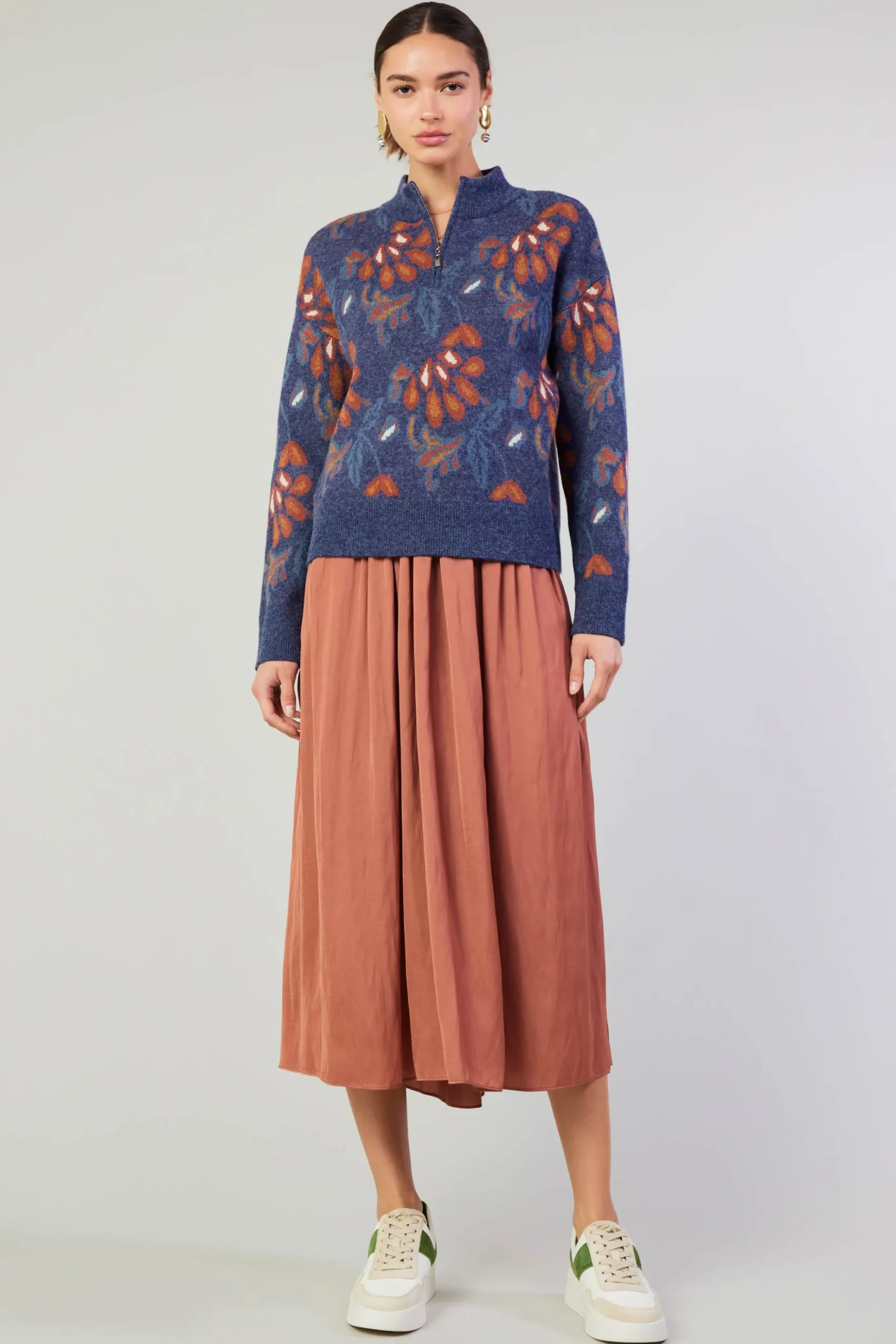Current Air Floral Jacquard Zip Sweater DENIMBLUE Outlet