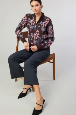 Current Air Floral Jacquard Zip Sweater BROWNMLT Clearance