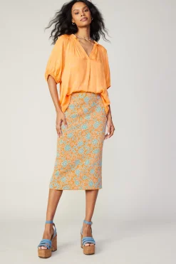 Current Air Floral Knit Midi Skirt ORANGEMLT New