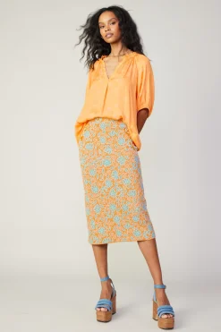 Current Air Floral Knit Midi Skirt ORANGEMLT New
