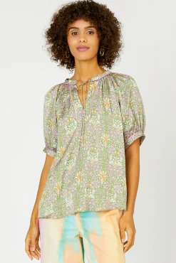 Current Air Floral Nouveau Split Neck Blouse GREENPINK New