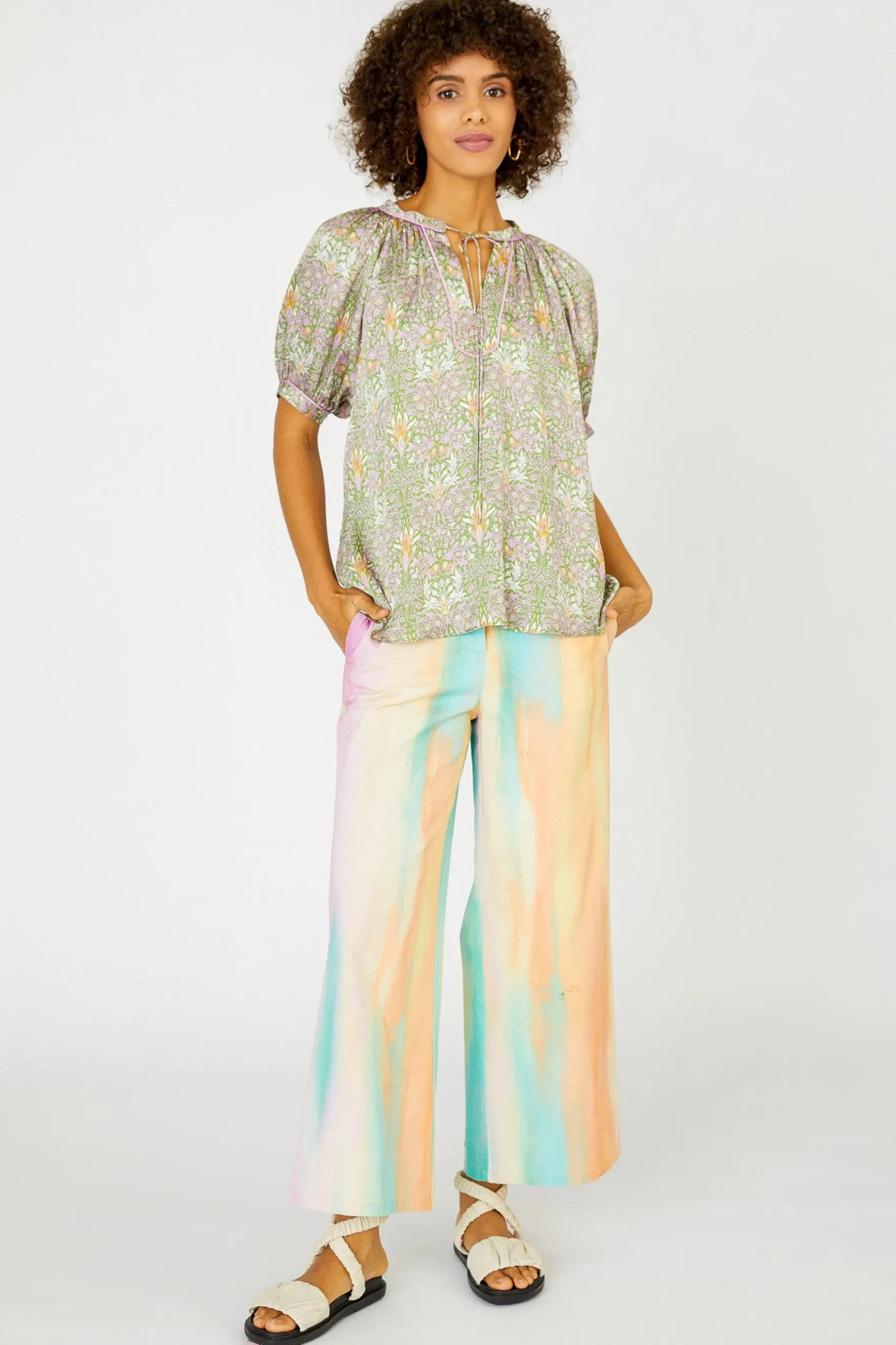 Current Air Floral Nouveau Split Neck Blouse GREENPINK New